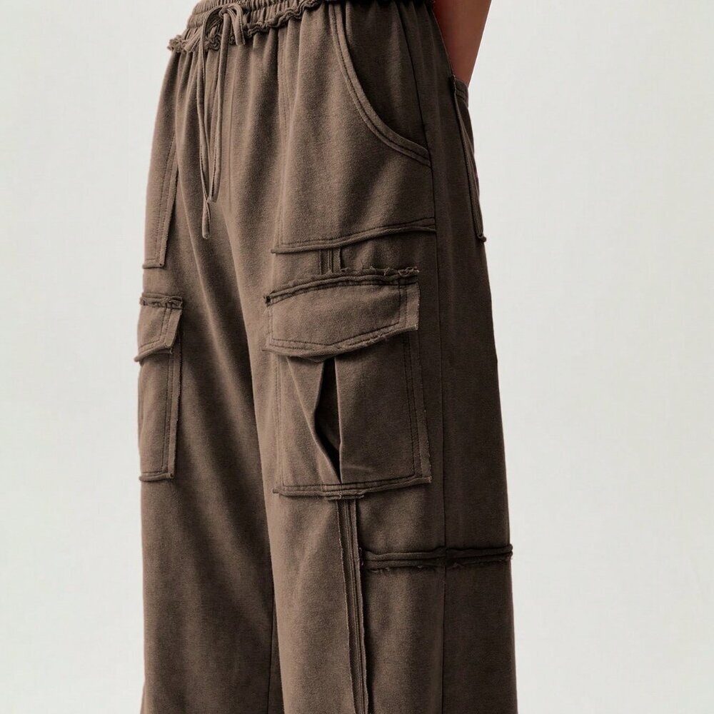 Coffee Brown Casual Women's Vacation Knit 3d Pocket Wide Leg Pants - Picture 8 of 8